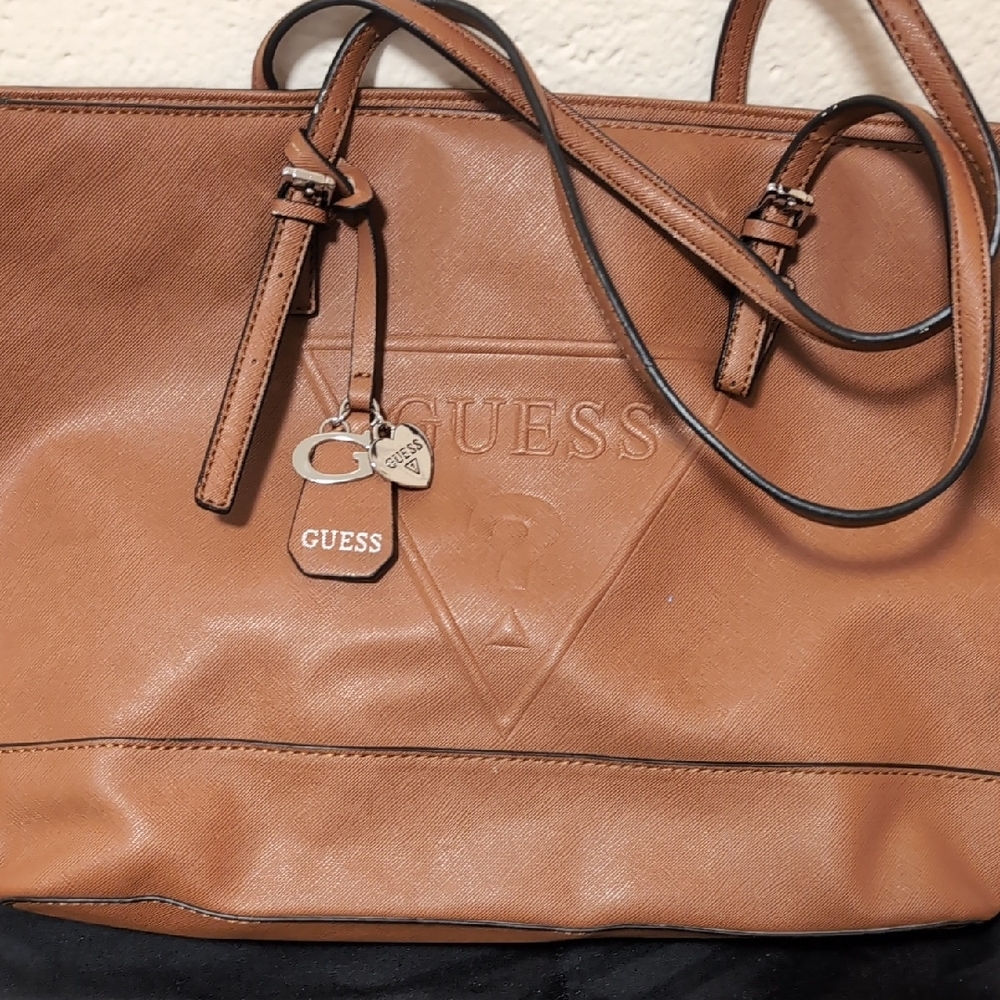 Guess Tan Structured Leather Tote with Embossed Logo